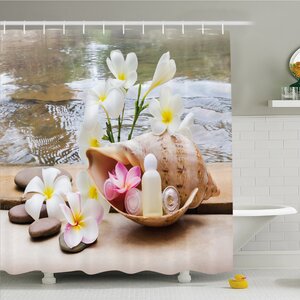 Spa Trio Bubble Bath with Cream and Liquid Soap with Cute Flowers and Sea Shell Shower Curtain Set