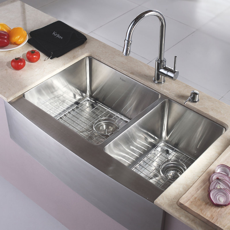 Kraus 33" x 21" Double Basin Farmhouse Kitchen Sink with Drain Assembly