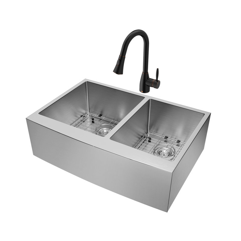 VIGO 33" x 22" Double Basin Farmhouse Kitchen Sink with Faucet