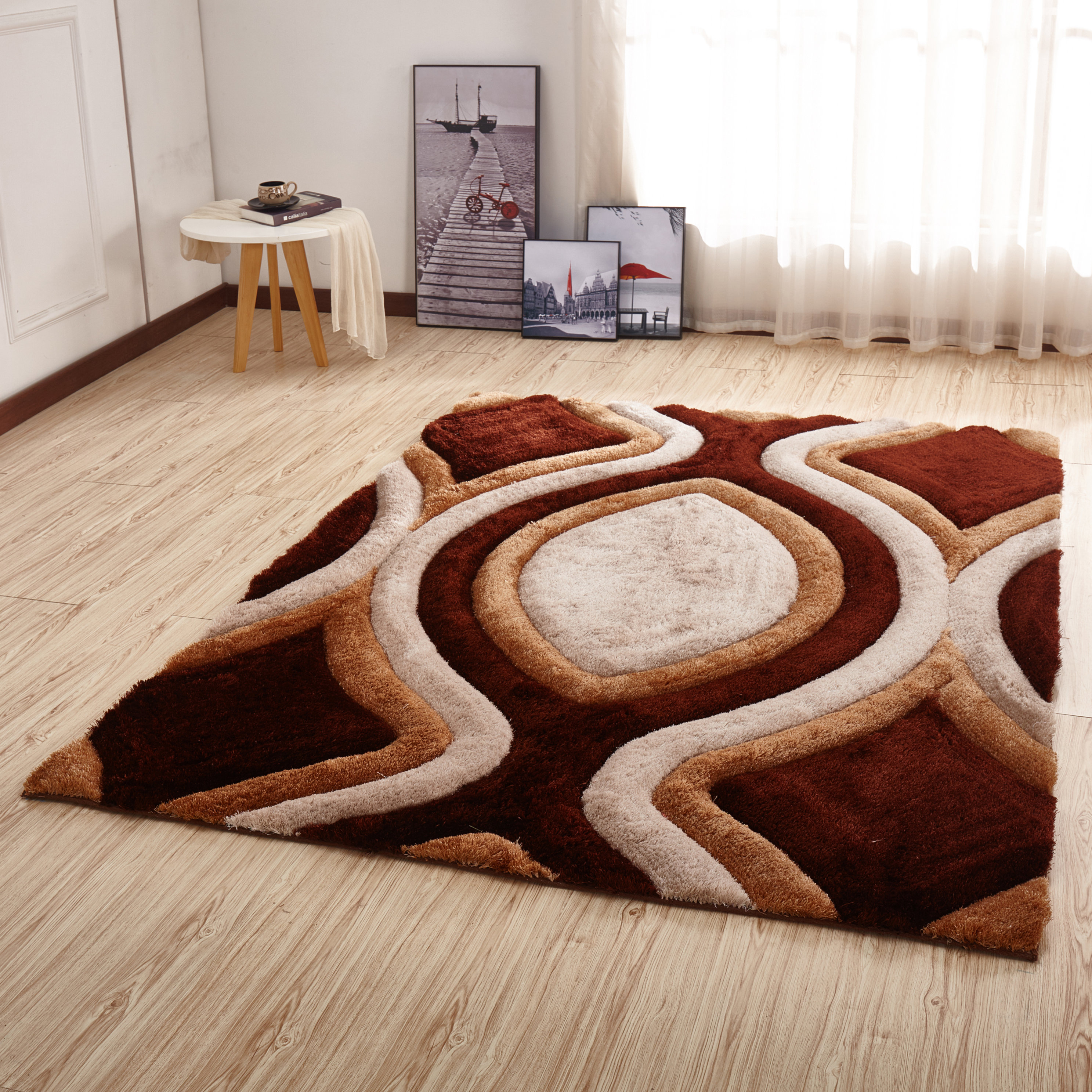 Orren Ellis Kleiber Modern Shaggy 3D Brown Ivory Area Rug