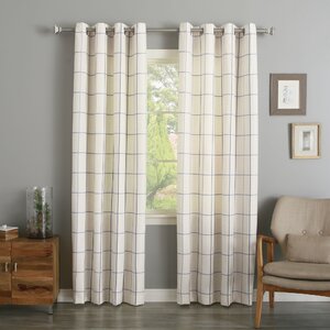 Grommet Grid Stitched Linen Blend Plaid & Check Semi-Sheer Curtain Panels (Set of 2)