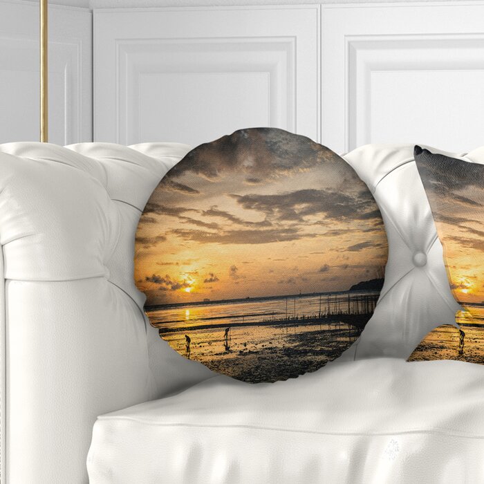 Seashore Dawn At Seaside During Low Tide Throw Pillow