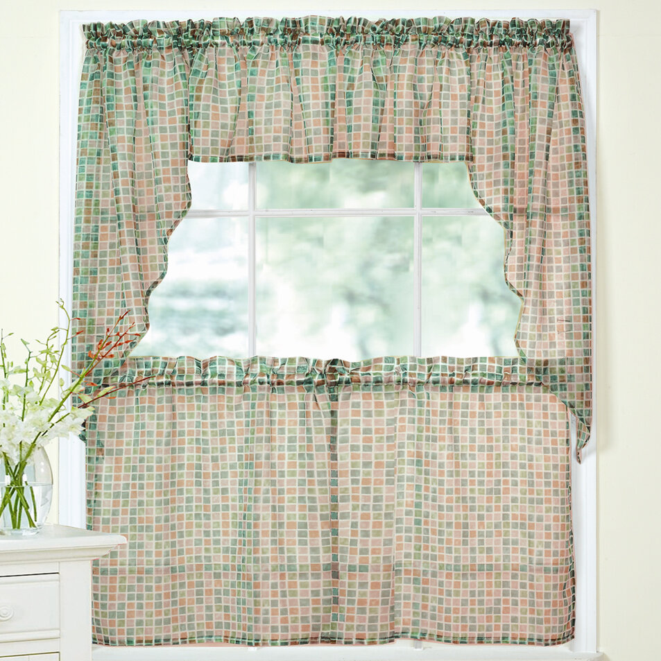 Sweet Home Collection Tiles Block Sheer Kitchen Curtains Tier