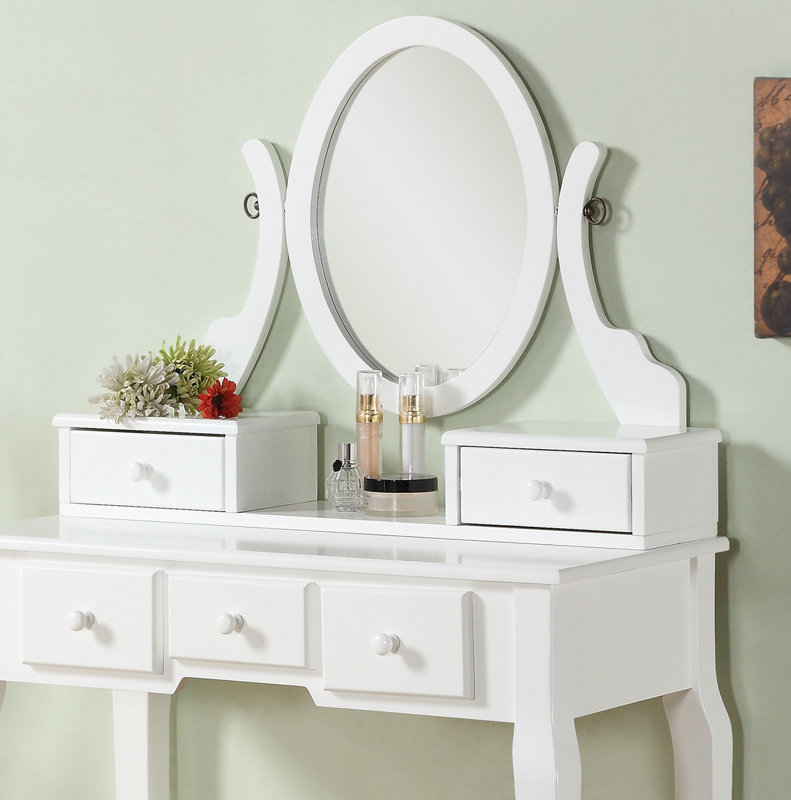 Beachcrest Home Zeke Wood Makeup Vanity Set With Mirror