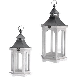 Distressed Outdoor Hanging Wood Lantern (Set of 2)