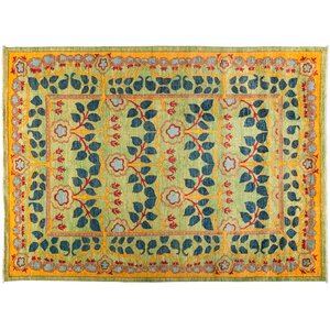 One-of-a-Kind Suzani Hand-Knotted Green/Yellow Area Rug