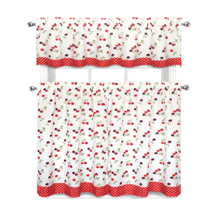 Cherries and Polka Dots 3 Piece Kitchen Curtain Set