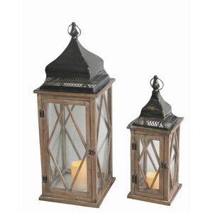 2 Piece Brush Wood Lantern Set