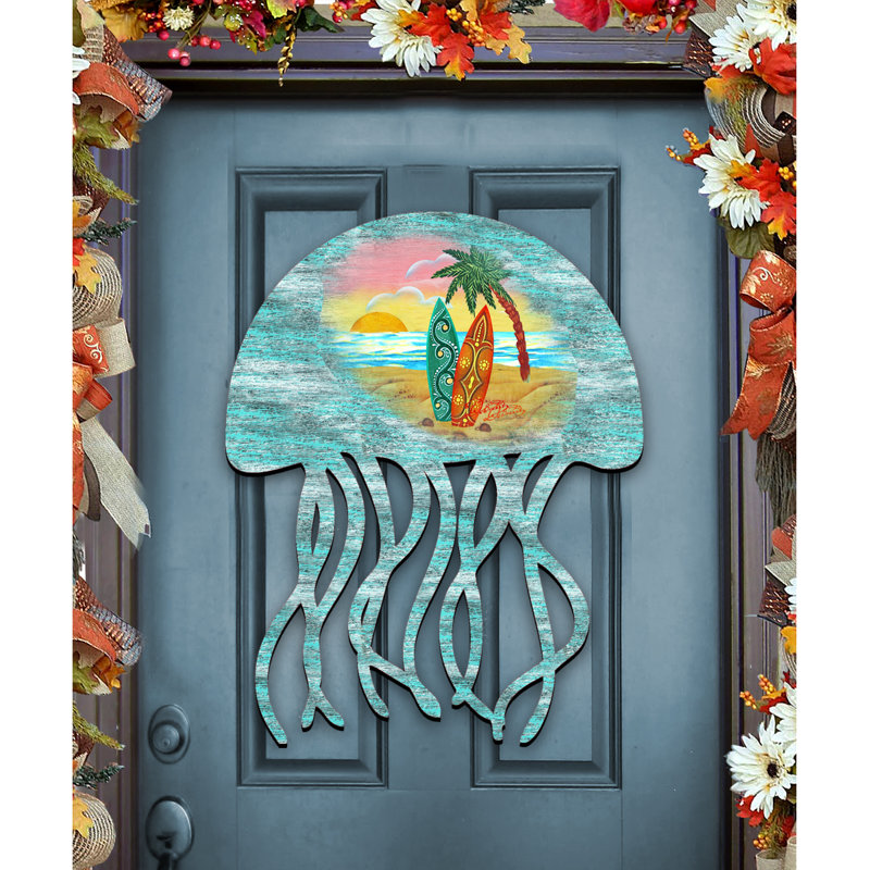 Designocracy Jellyfish Coastal Beach Wooden Decorative Door Hanger Jellyfish Coastal Beach Wooden Decorative Door Hanger Wall Décor