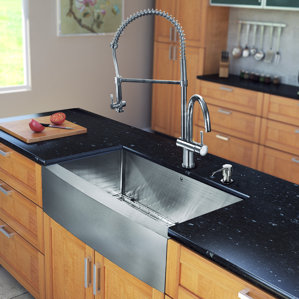 VIGO 33 inch Farmhouse Apron Single Bowl 16 Gauge Stainless Steel Kitchen Sink with Dresden Chrome Faucet, Grid, Strainer ...