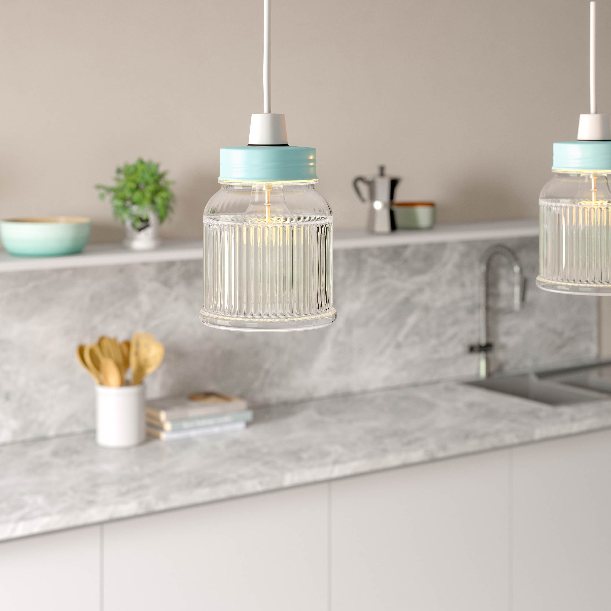 Retro Style Clear Glass Ribbed Pattern Design Jar Ceiling Pendant