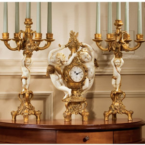 The Cherub's 3-Piece Harvest Clock and Candelabra Set in Ivory and Antiqued Faux Gold