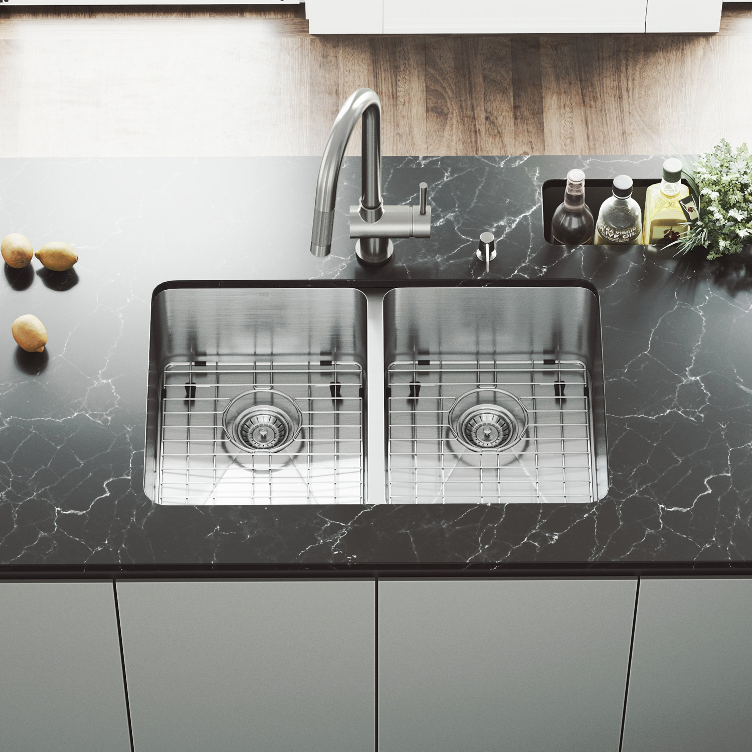 Vigo 29 Inch Undermount 50 Double Bowl 16 Gauge Stainless Steel Vg15231 29 Inch Undermount 50 Double Bowl 16 Gauge Stainless Steel Kitchen Sink With Gramercy Faucet Two Grids Strainers And Soap