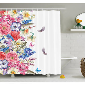 Flower Vintage Vivid Wreath with Daffodils Hyacinths Chamomile Lilies Butterfly Picture Shower Curtain Set