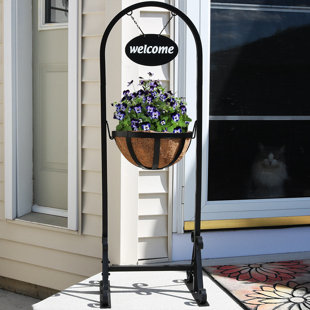 Plant Stands Accessories You Ll Love Wayfair Malt Outdoor Welcome Sign With Hanging Basket Plant Stand