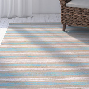 Hansville Awning Stripes Hand-Loomed Straw/Arctic Blue Area Rug