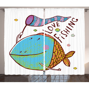 Love Fishing Decor Wildlife Room Darkening Rod Pocket Curtain Panels (Set of 2)