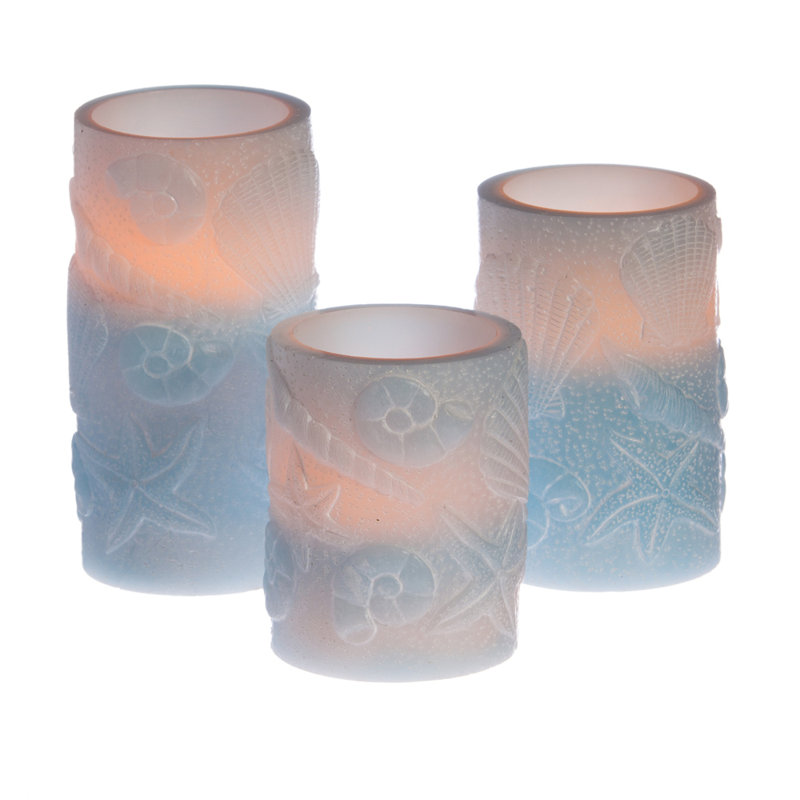 Highland Dunes 3 Piece Seashell Embossed Flameless Wax Pillar Candle