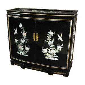 Asian Floral Design Slant Front Accent Cabinet