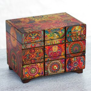 Fair Trade Artisan Crafted The Sun, The Shaman, and The Peyote Flower'  Mexican Pinewood Jewelry Box
