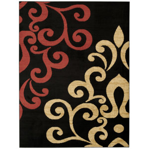 Pasha Maxy Home Contemporary Filigree Spade Black/Red Area Rug