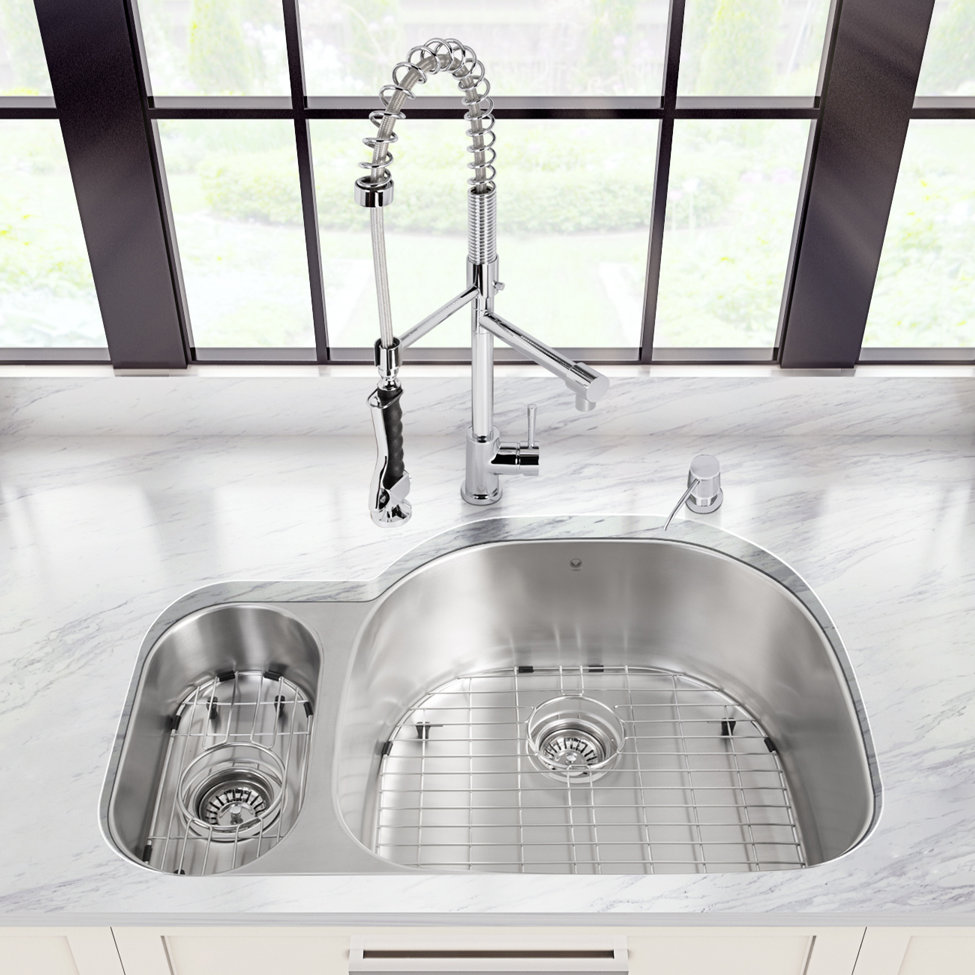 Vigo 32 Inch Undermount 80 20 Double Bowl 18 Gauge Stainless Steel Vigo 32 Inch Undermount 80 20 Double Bowl 18 Gauge Stainless Steel Kitchen Sink With Zurich Chrome Faucet Grid Two Strainers And Soap Dispenser Wayfair