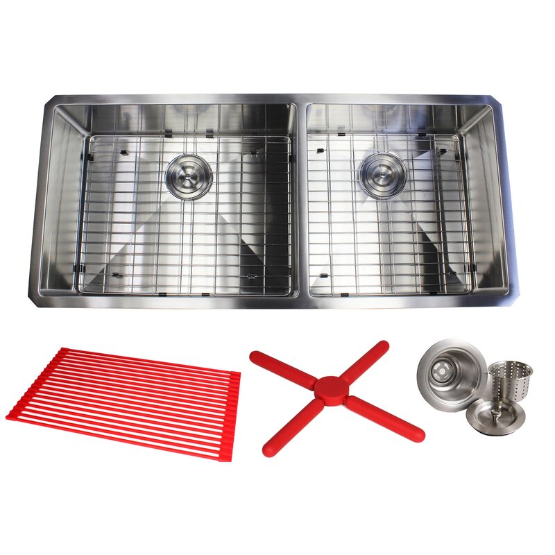 Ariel Premium Stainless Steel 42 L X 19 W Double Basin Undermount Kitchen Sink With Sink Grid And Drain Assembly