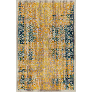 Binstead Traditional Medallion Distressed Power Loom Yellow Area Rug