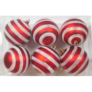 Red and White Ball Ornament with Line Design (Set of 3)