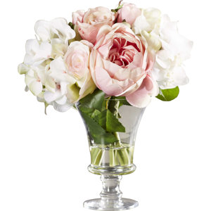 Faux Rose and Hydrangea Bouquet in Pedestal Glass Vase