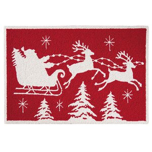 Flying Sleigh Christmas Wool Red Area Rug