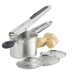 4 Piece Stainless Steel Mash Potato Ricer Masher/Fruit Press/Baby Food Strainer with 3 Interchangeable Discs and Soft Grip Handle