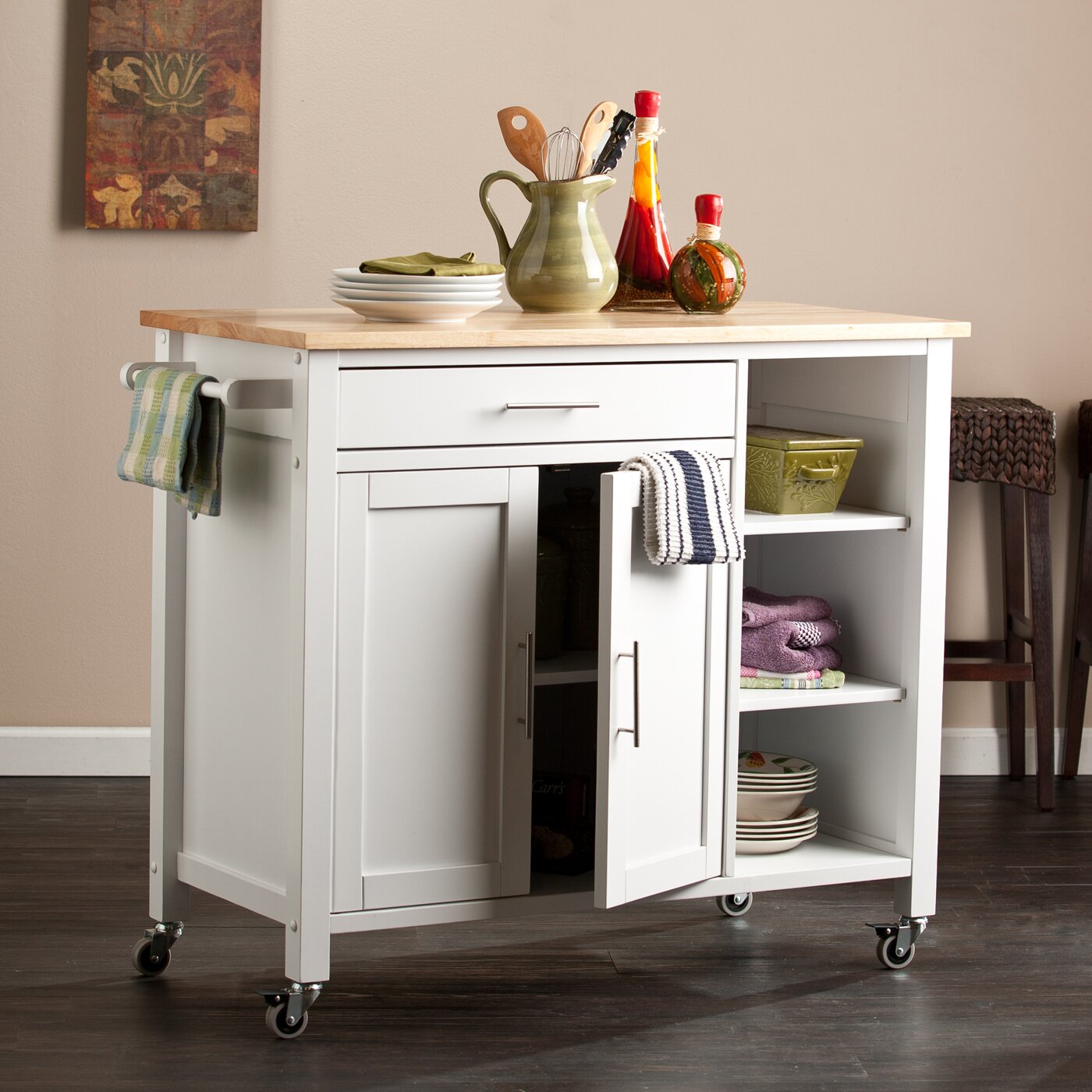 Alcott Hill Landau Kitchen Cart with Butcher Block Top ...