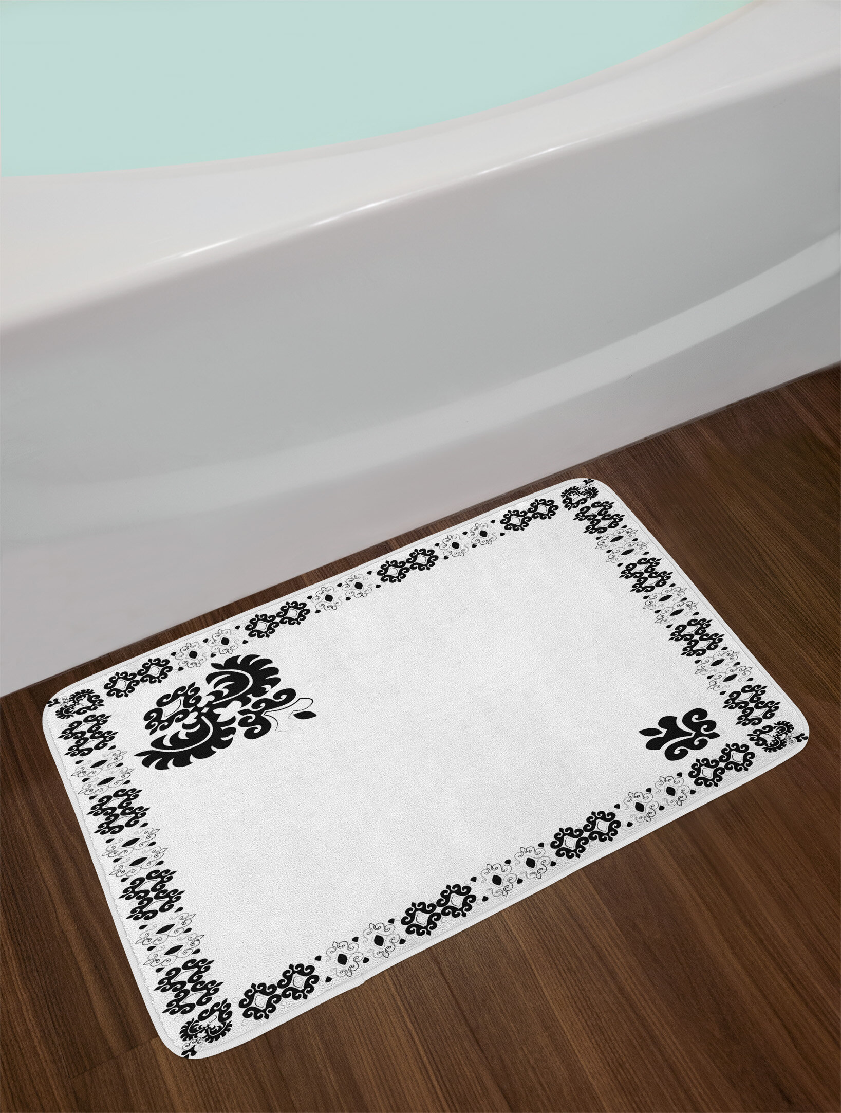 Ambesonne Turkish Pattern Bath Mat By Oriental Framework With Stylized Leaf Ornament Black And White Damask Plush Bathroom Decor Mat With Non Slip