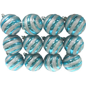 Aqua Ball Ornament with Silver Glitter Line Design (Set of 3)
