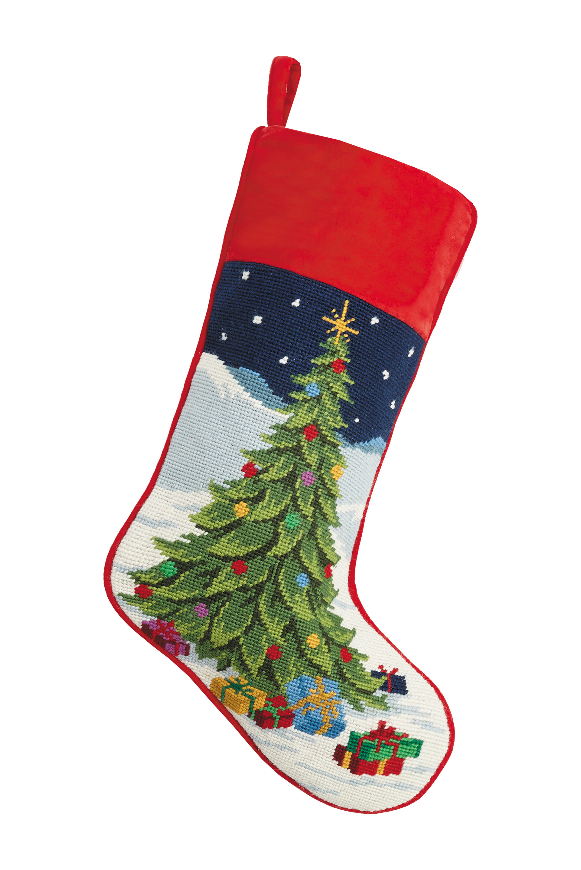 The Holiday Aisle Casteel Tree with Presents Needlepoint Stocking | Wayfair