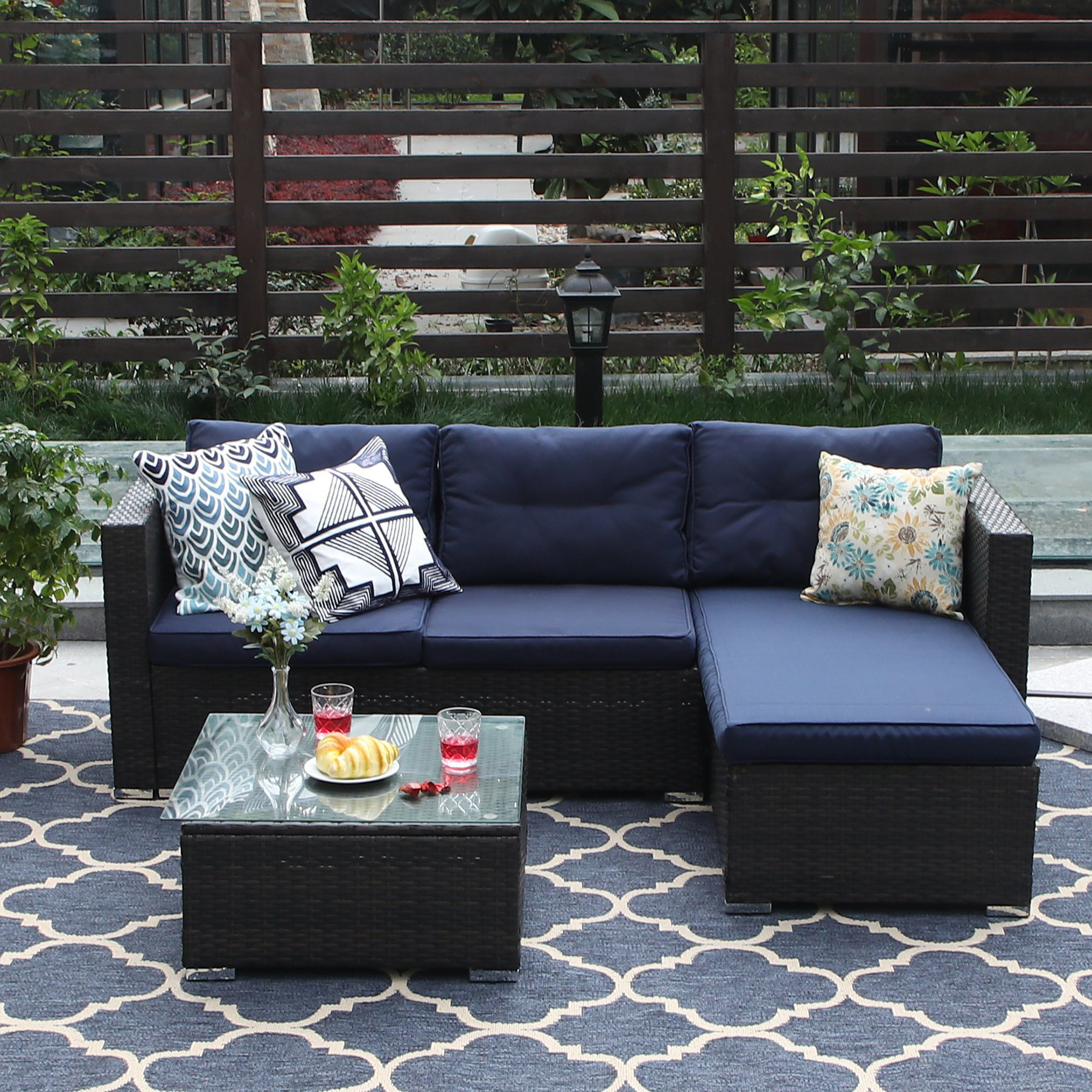 Steward Outdoor 3 Piece Rattan Sectional Sofa Set With Cushions