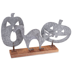 Galvanized Tin Jack-O-Lantern and Cat Table Sitter Du00e9cor