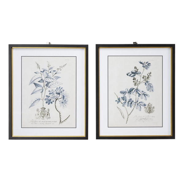 Large Rectangular Blue Vintage Flower Illustrations Framed 