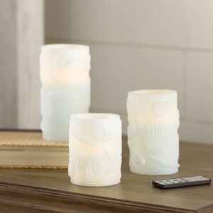 3 Piece Seashell Embossed Flameless Wax Pillar Candle Set with Remote