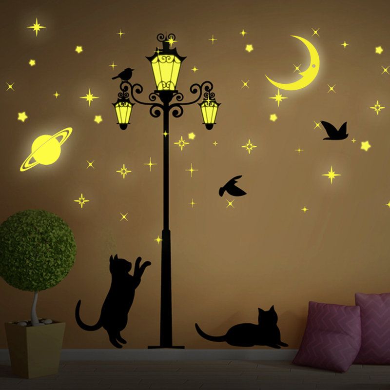 walplus moon and stars glow in dark street light wall decal