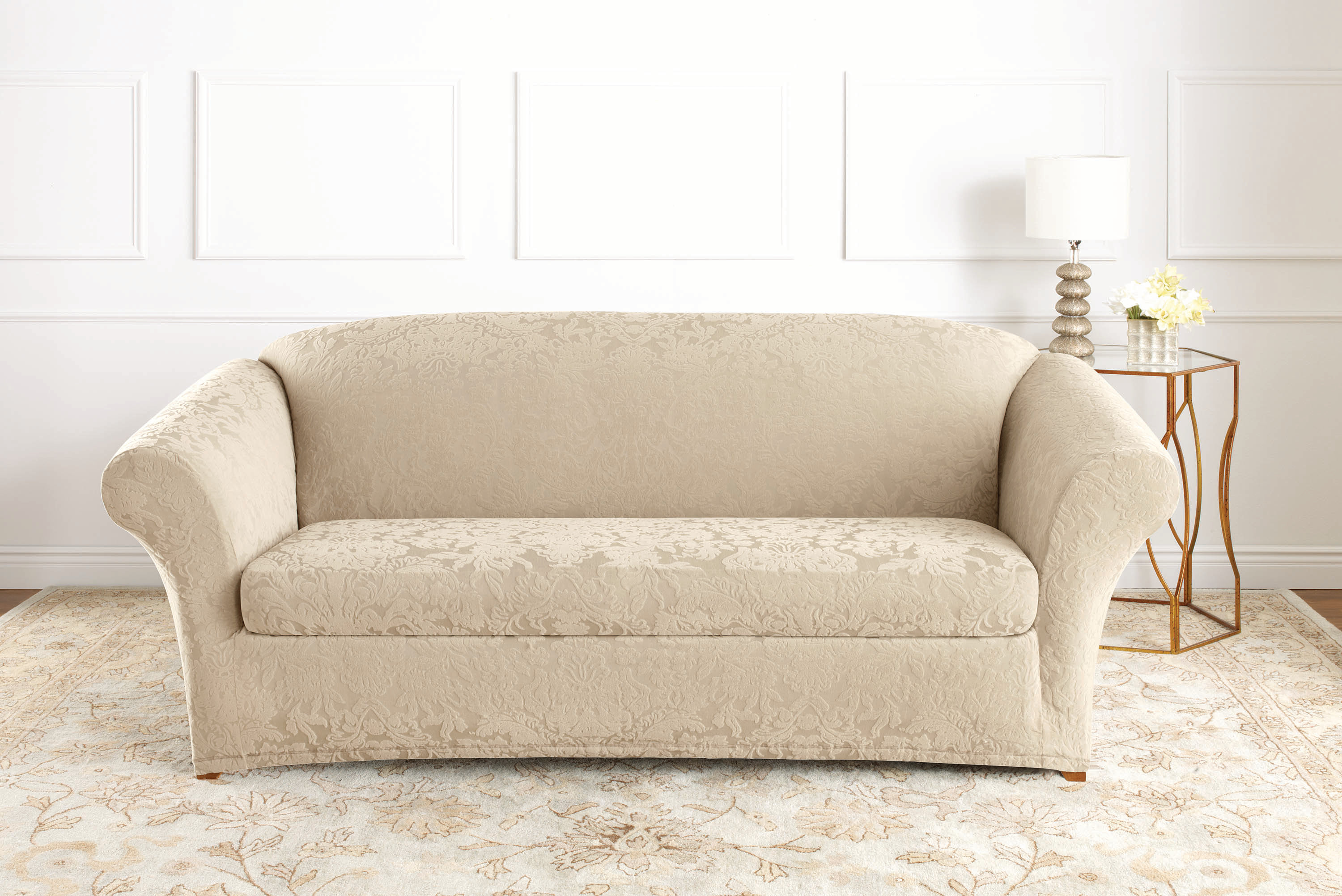 Stretch Jacquard Damask Box Cushion Sofa Slipcover