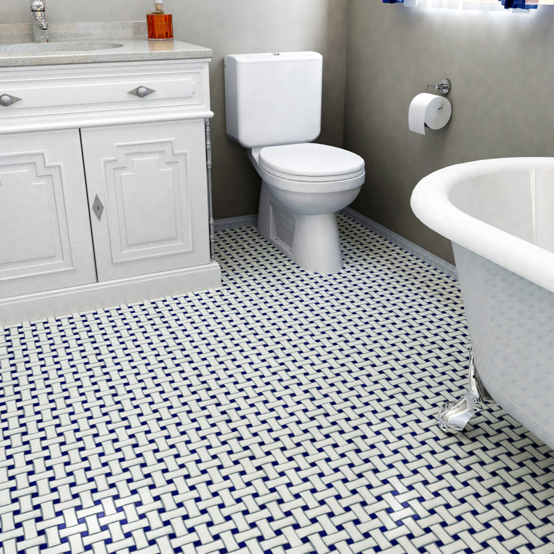 Elitetile Retro Basket Weave Random Sized Porcelain Mosaic Tile In Retro Basket Weave Random Sized Porcelain Mosaic Tile In White And Cobalt