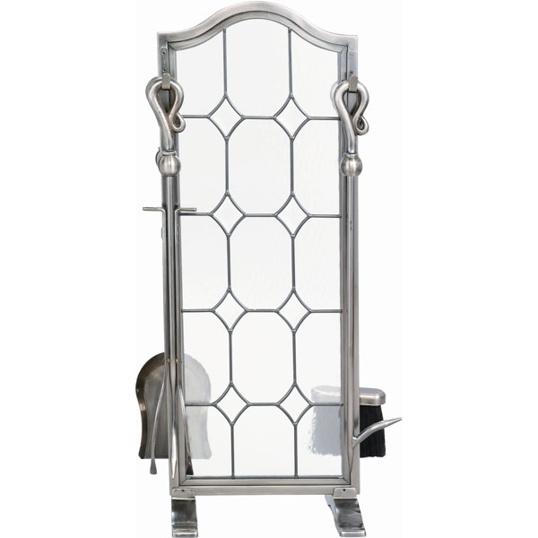 Uniflame 4 Piece Pewter Leaded Glass Fireplace Tool Set With Stand