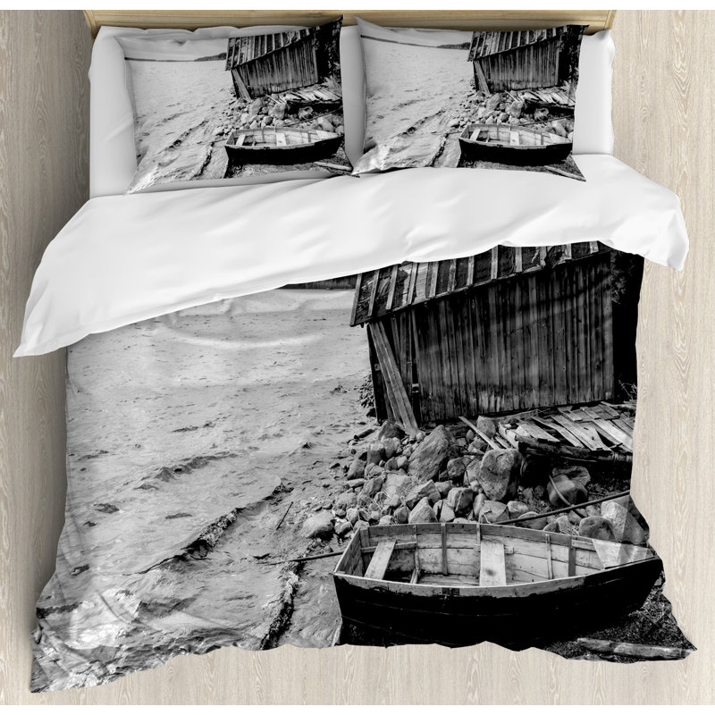 East Urban Home Black And White Decor King Size Duvet Cover Set Old Black And White Decor King Size Duvet Cover Set Old Wooden Fishing Boat Abandoned