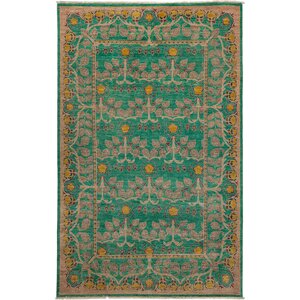 One-of-a-Kind Arts and Crafts Hand-Knotted Green Area Rug