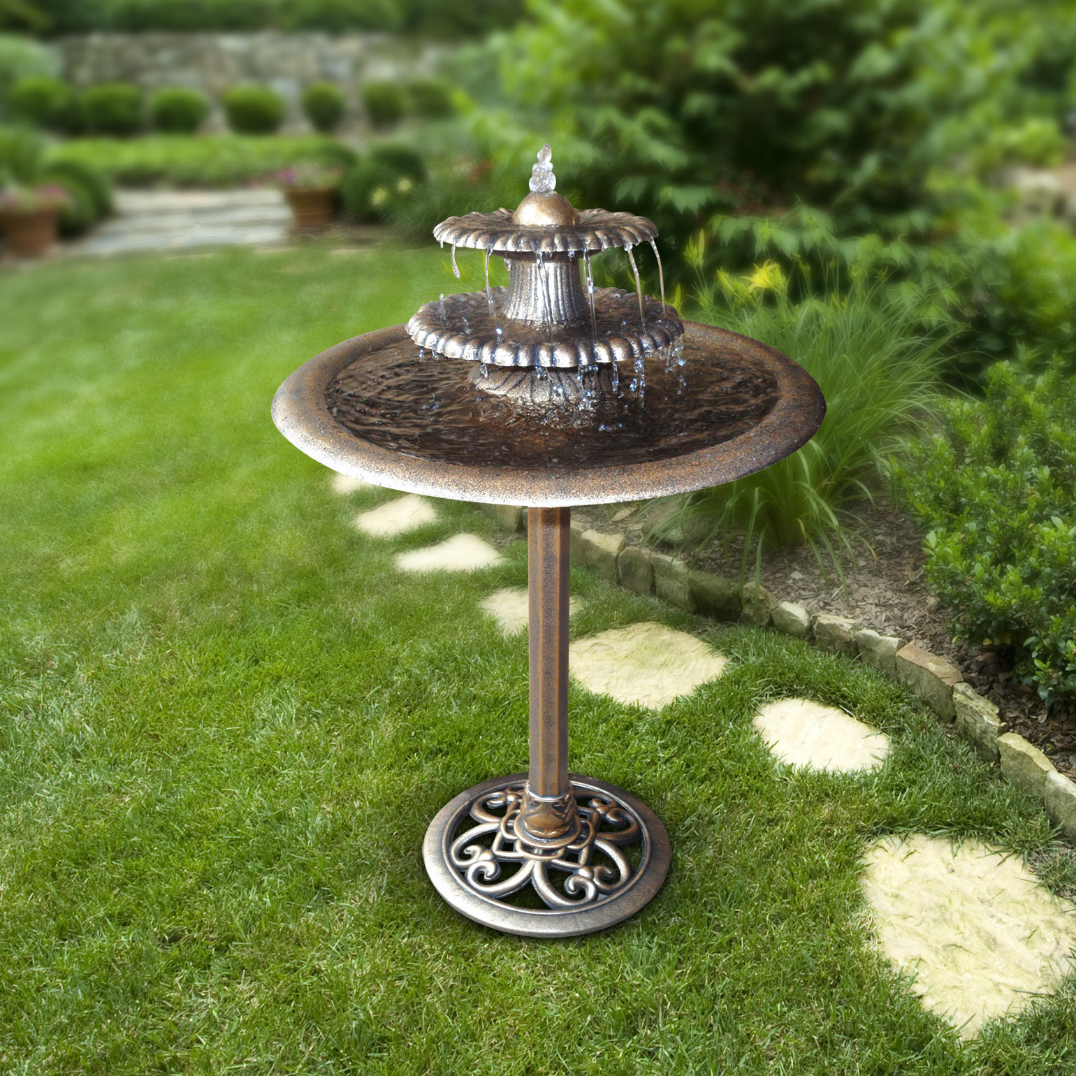 gertrude resin 3-tiered vintage pedestal water fountain and bird bath, green