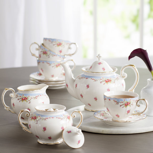 Lark Manor Hemby 11 Piece Vintage Blue Rose Porcelain Tea ...