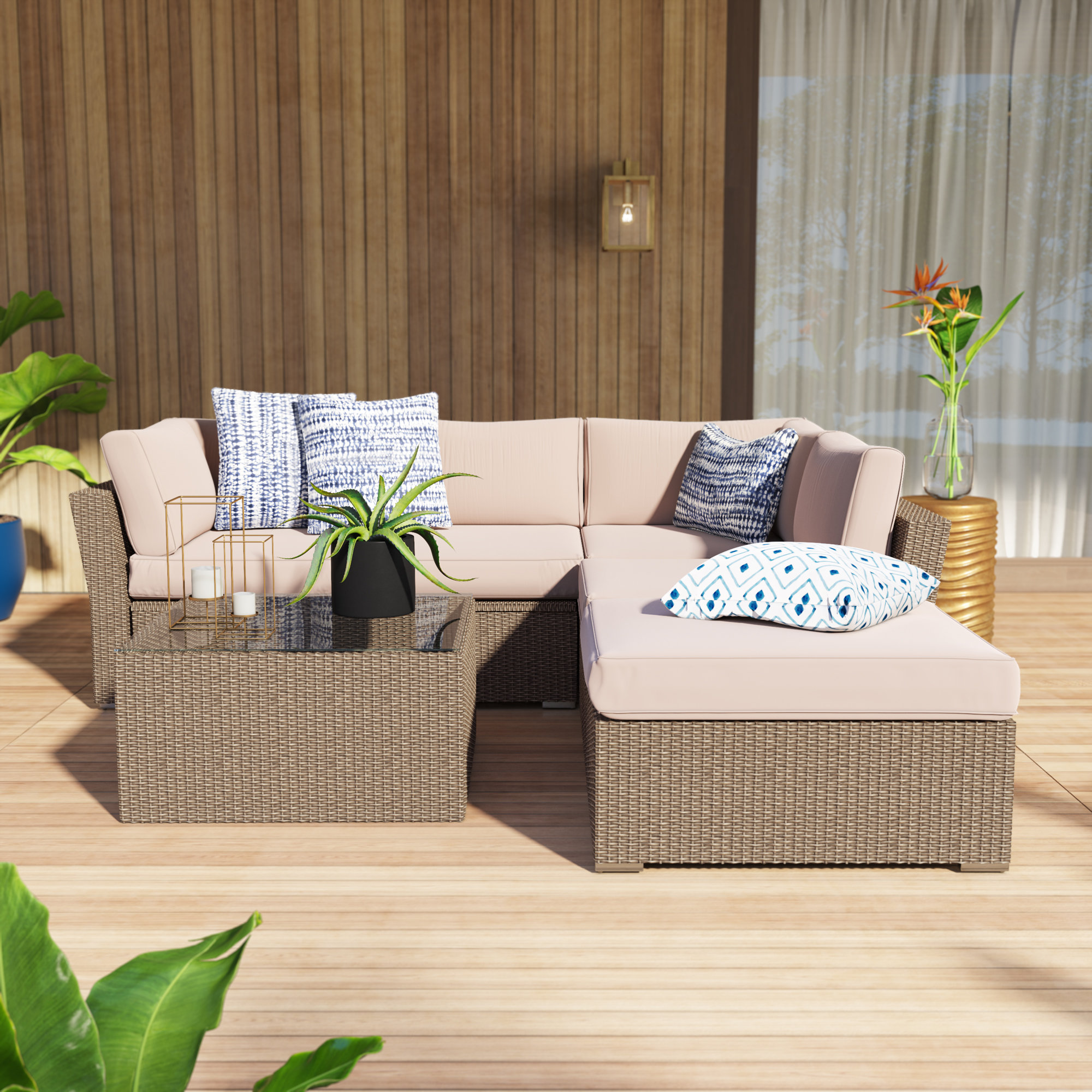 Amesbury 4 Piece Rattan Sectional Seating Group Sofa With Cushions