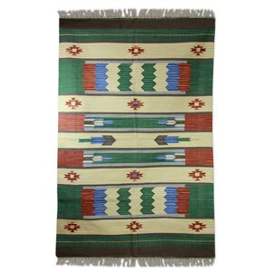 Hand-Woven Green/Beige Area Rug